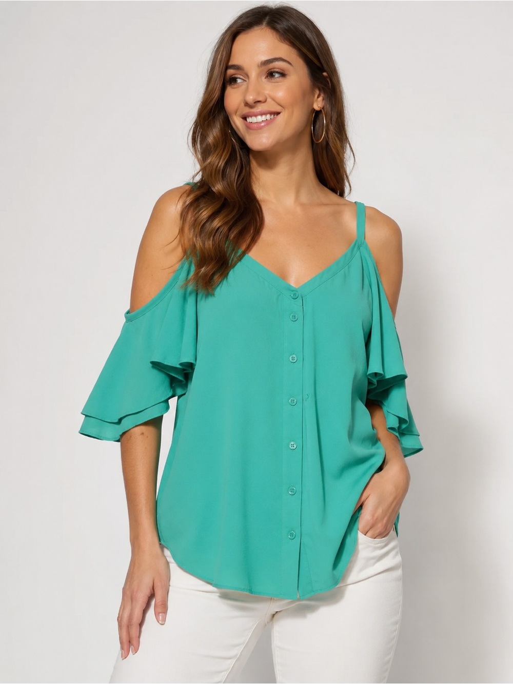 7th Avenue New York & Company Teal Cold Shoulder Button-Front Blouse